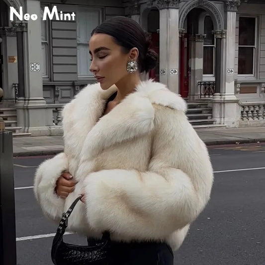 Neo Mint Luxury Brand Runway Fashion Yellow Gradient Cropped Fluffy Fur Jacket Coat Women Winter Thicken Faux Fox Fur Outerwear