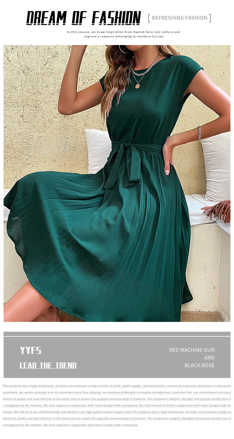 Elegant Women Summer Casual Beach Sundress Short Sleeve Pleated Midi Dress Soild Colour O Neck Tunic Dresses Fashion