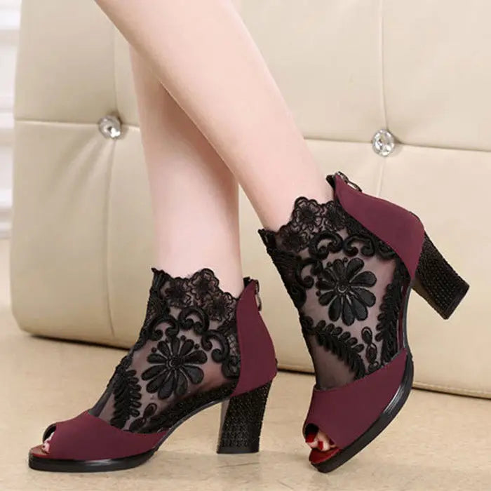 Women's Sandals Fish Mouth Shoes Mid-heel Large Size Women's Shoes Breathable Women's Shoes Lace Mesh High Heels 2023