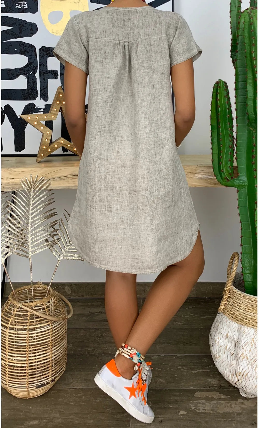 Plus Size 4XL 5XL Women Short Sleeve Dress Casual Loose V Neck Cotton Linen Mini Dress 2024 Summer Beach Sundress Female Dress