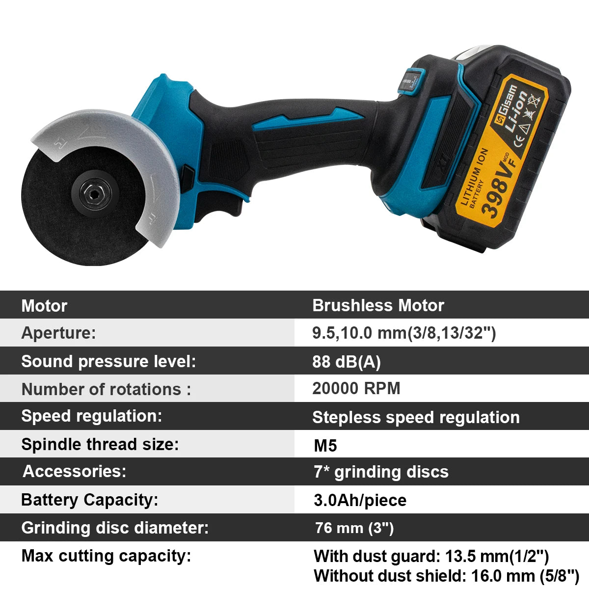 Gisam 76mm Brushless Angle Grinder Grinding Cutting Machine Circle Saw Electric Angle Grinder Power Tools for Makita 18V Battery