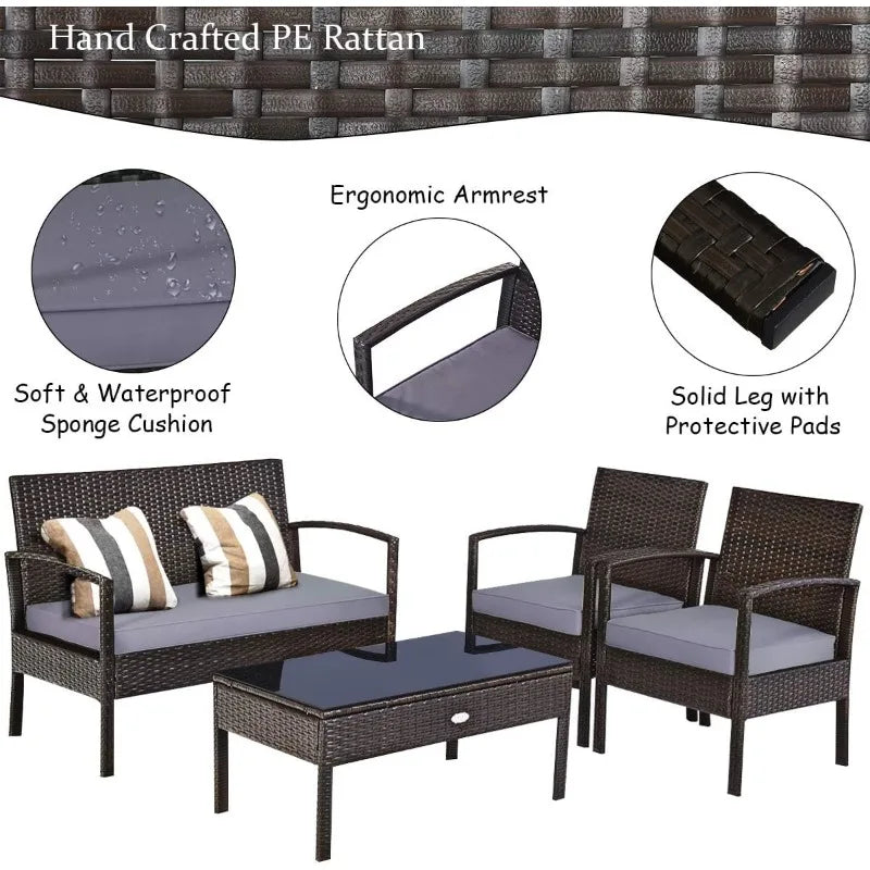 Moccha 4-Piece Patio Rattan Furniture Set, Outdoor Wicker Conversation w/ Padded Cushion & Coffee Table, Bistro Sofa Set