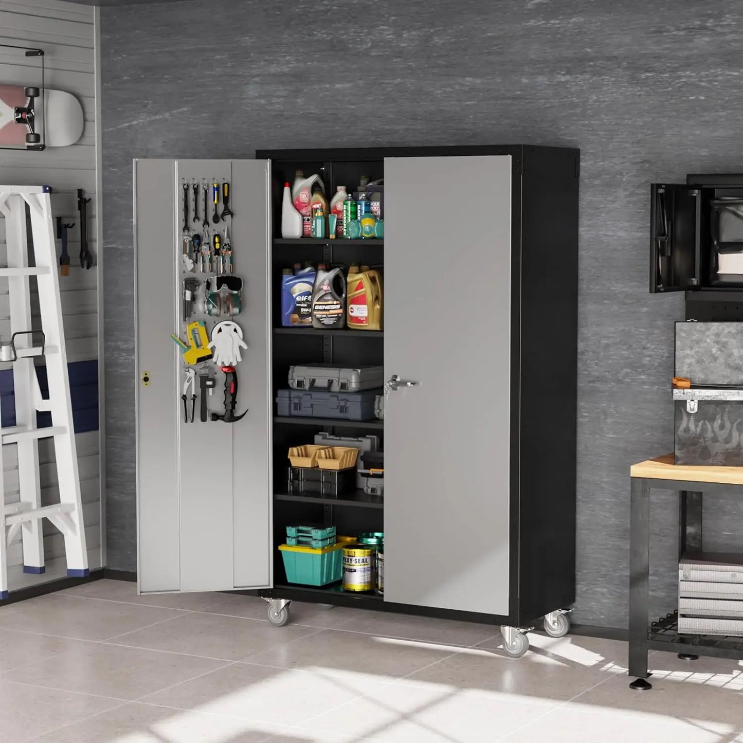 Upgraded Wide & Deep Garage Storage Cabinet, Metal Storage Cabinet with Pegboards, Wheels, Locking Doors and Adjustable Shelves