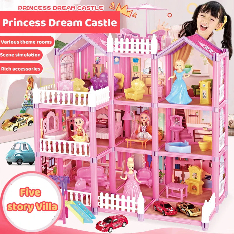 Princess Big Villa DIY Dollhouses Kit Pink Castle House Kit Assembled Doll House Toys Pretend Play Toys Christmas Birthday Gift