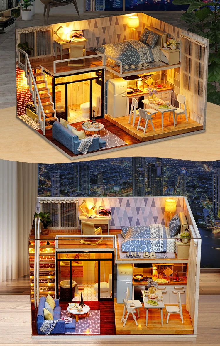 Assemble DIY Wooden House Dollhouse kit Wooden Miniature Doll Houses Miniature Dollhouse toys With Furniture LED Lights Gift