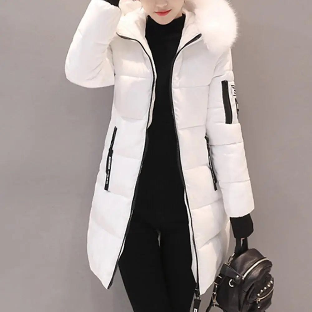 Women Winter Cotton Coat Hooded Mid Length Outerwear Windproof Warm Long Sleeve Jacket Solid Color Slim Fit Lady Down Coat