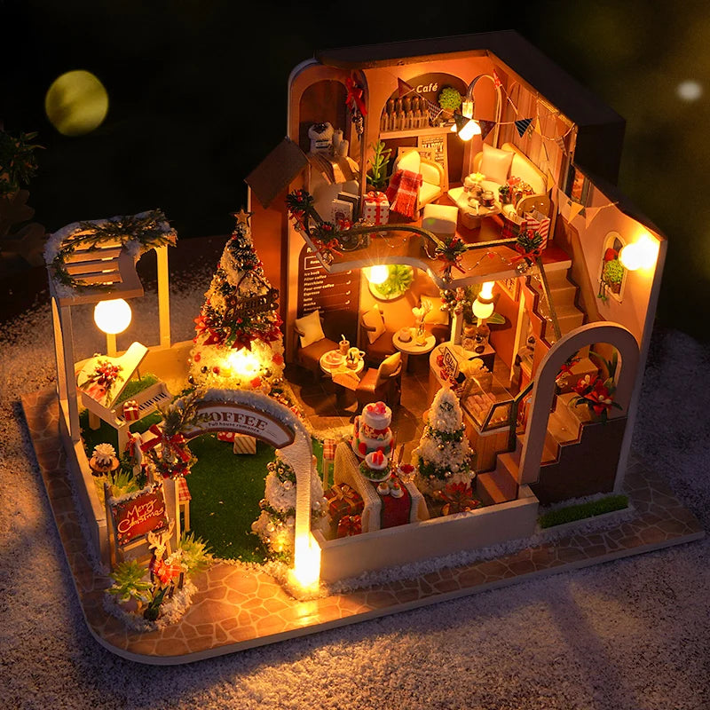 DIY Wooden Doll Houses Christmas Coffee Shop Casa Miniature Building Kit Villa Dollhouse with Furniture Led Light for Girls Gift