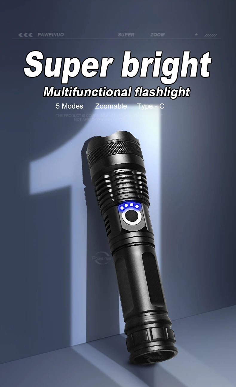 2024 High Power LED Flashlight Rechargeable Ultra Powerful Torch 4 Core Hand Lantern Zoomable 5 Lighting Modes Use of Alloy Make