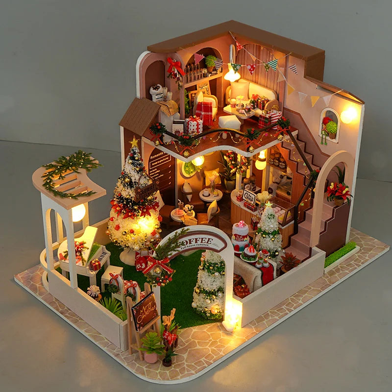 DIY Wooden Doll Houses Christmas Coffee Shop Casa Miniature Building Kit Villa Dollhouse with Furniture Led Light for Girls Gift