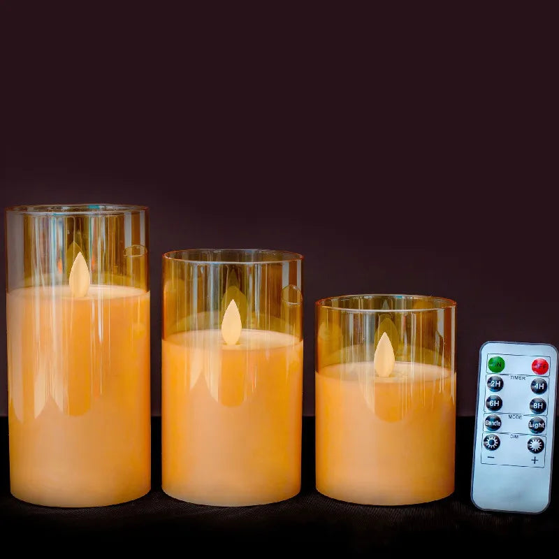 USB Rechargeable LED Flameless Pillar Candle set Flickering Moving Wick Paraffin Real Wax Remote controlled w/Timer Glass Lights