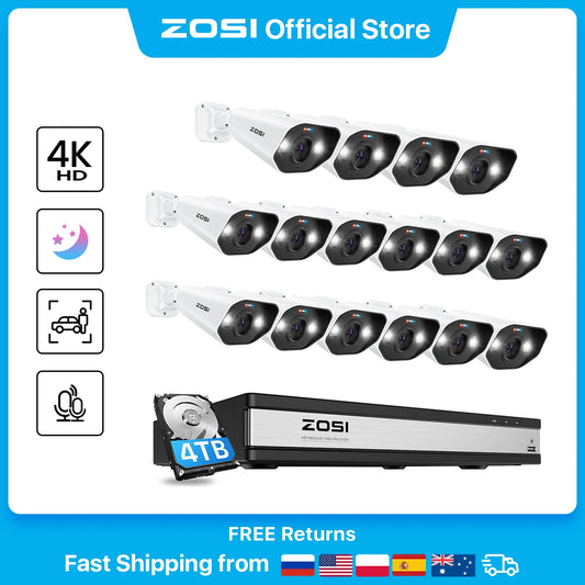 ZOSI 16CH 4K PoE Home Security Camera System 8MP NVR Set Outdoor Indoor Color Night Vision AI IP Camera Video Surveillance Kit