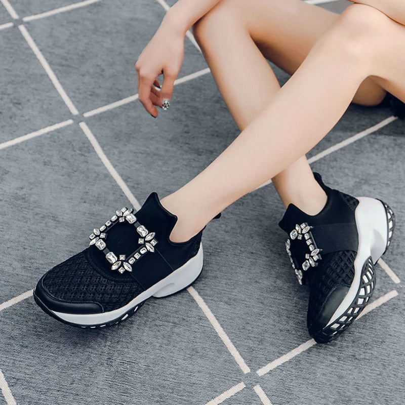 2024 Mesh Designer Trainers Sneakers Platform Crystal Buckle Thick Bottom Chunky Womens Sneakers Vulcanized Casual Shoes