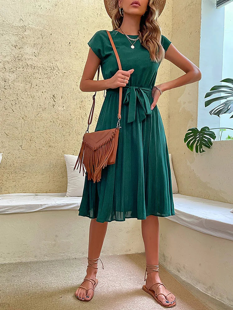 Elegant Women Summer Casual Beach Sundress Short Sleeve Pleated Midi Dress Soild Colour O Neck Tunic Dresses Fashion