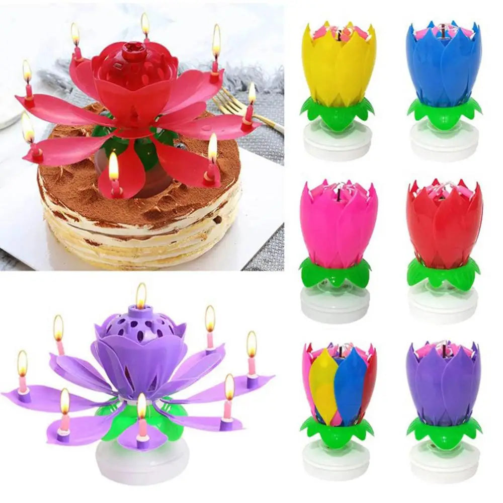 Innovative Party Cake Candles Musical Rotating Lotus Flower Flat Bottom Rotating Electronic Candle Birthday Cake Music Candles