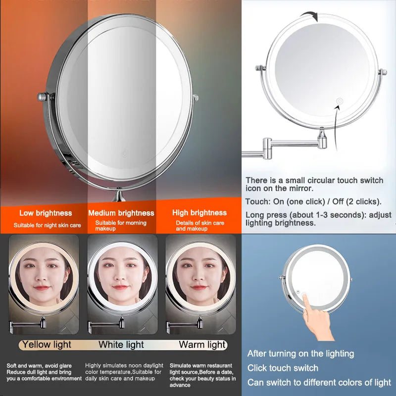 Wall Folding Makeup HD Mirror Double Side Fill Light Magnifying USB Charging Led Tricolor Dimming Bathroom Cosmetic Mirrors