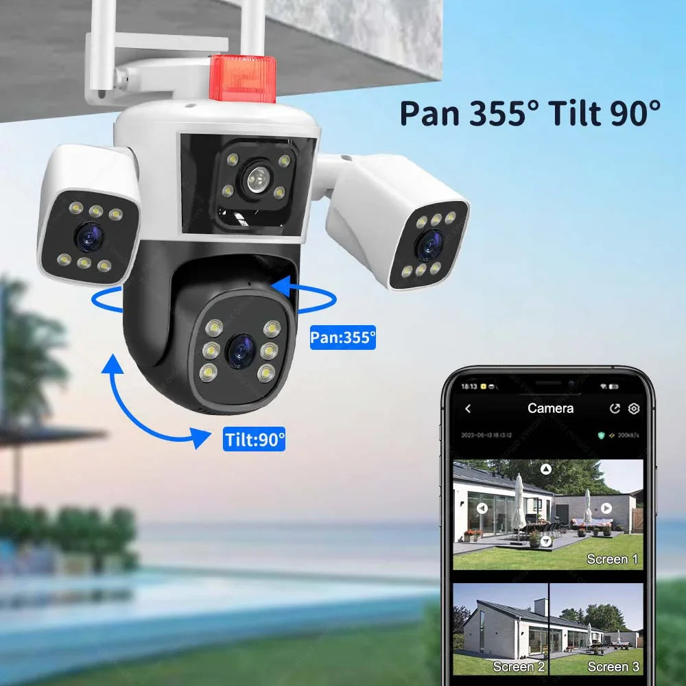 12MP 6K WiFi IP Camera Three lens Outdoor Panoramic View PTZ Camera Smart Security Protection Street Wifi Surveillance Cameras