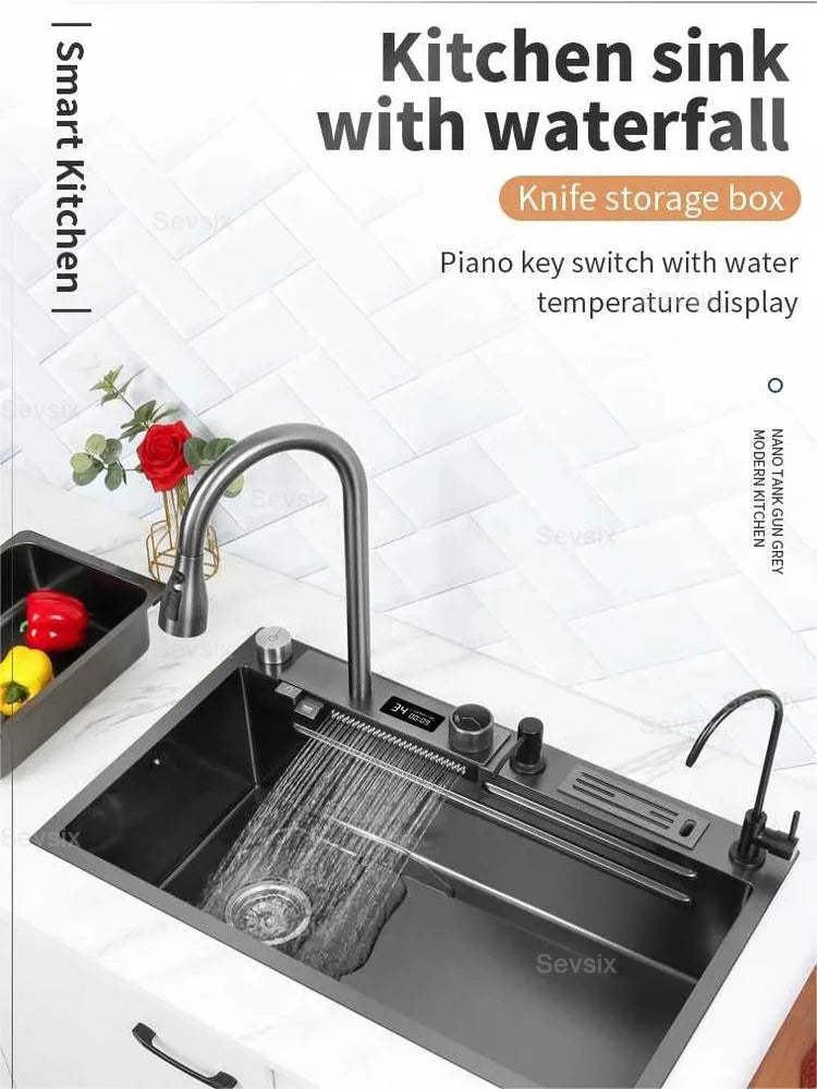 304 Stainless Steel Kitchen Waterfall Sink Digital Display Large Single Sink Dish Basin Sink With Multifunction Touch Waterfall