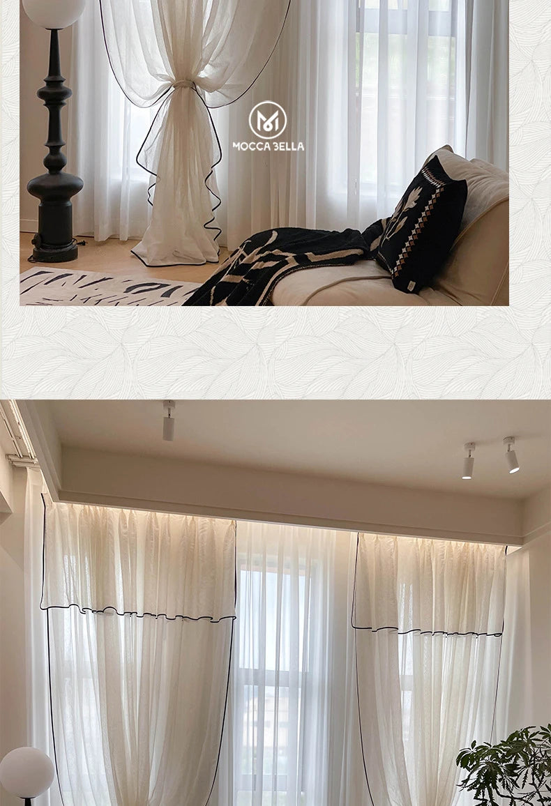 Retro Cream Linen White Tulle Sheer Curtains for Living Room Luxury Bedroom Dining Balcony Black Edge Blackout Gauze Window Door