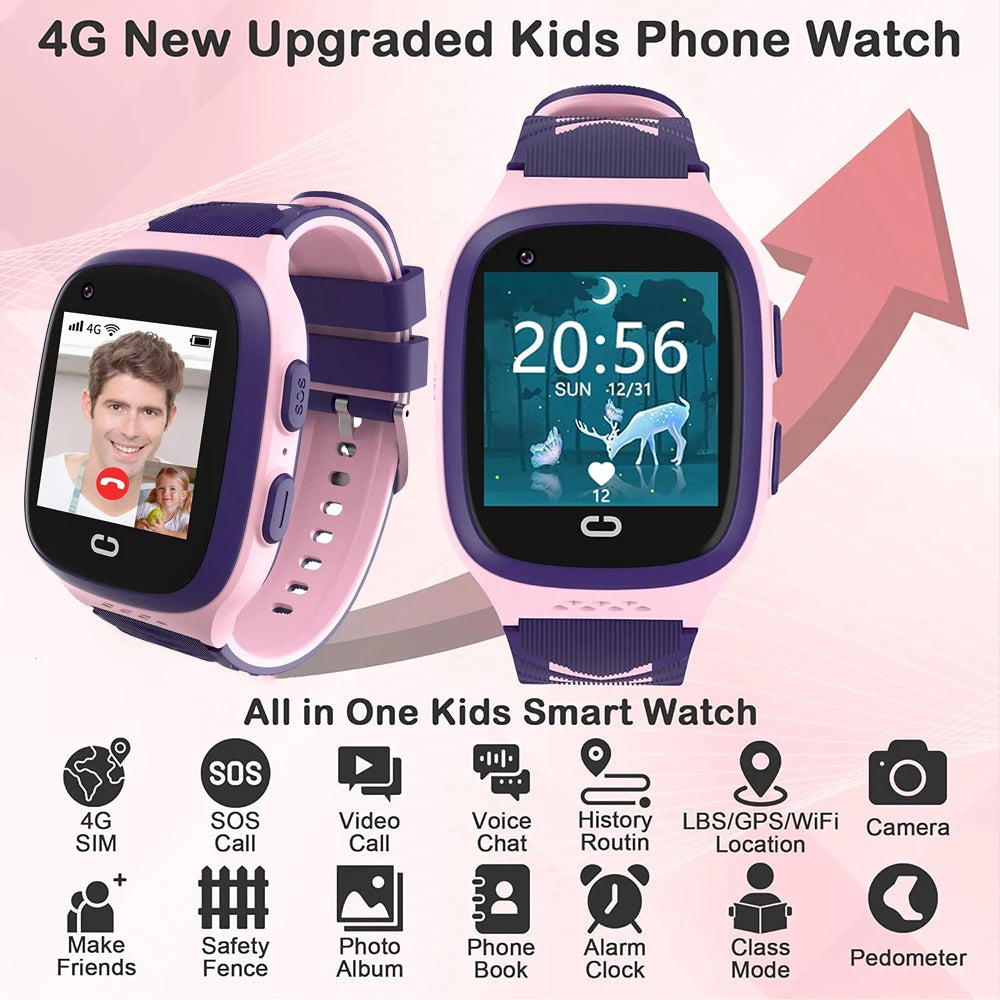 4G Kids Smart Watch Video Call Phone Watch Waterproof Monitor GPS SOS SIM Location Monitor Children Boy Girl Smartwatch Gifts