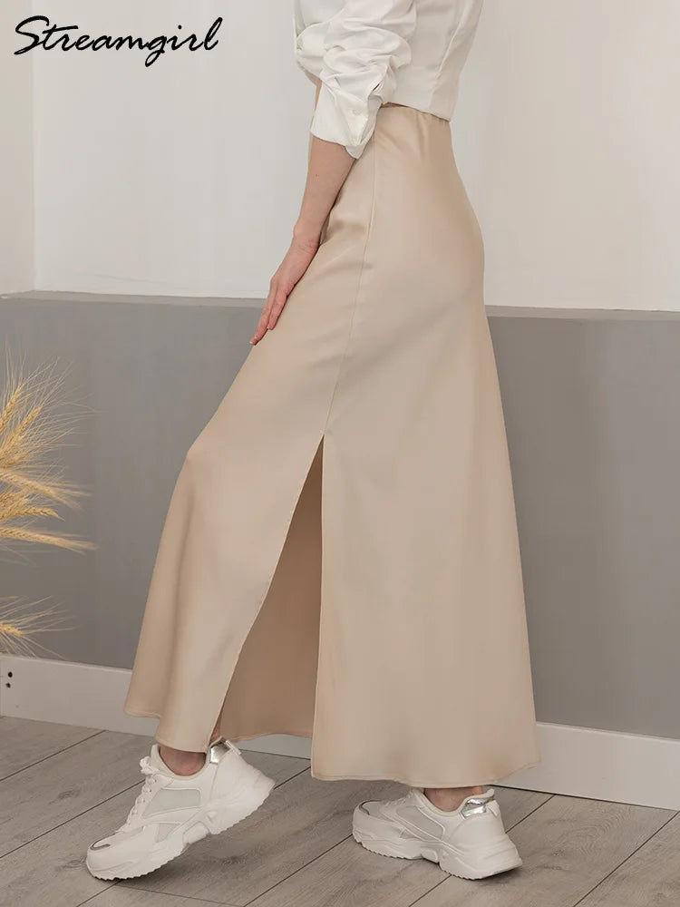 Women Summer Beige Long Skirts Trends 2024 High Waist Maxi Summer Skirt Rayon Silk Pencil Side Slit Satin Skirts For Women