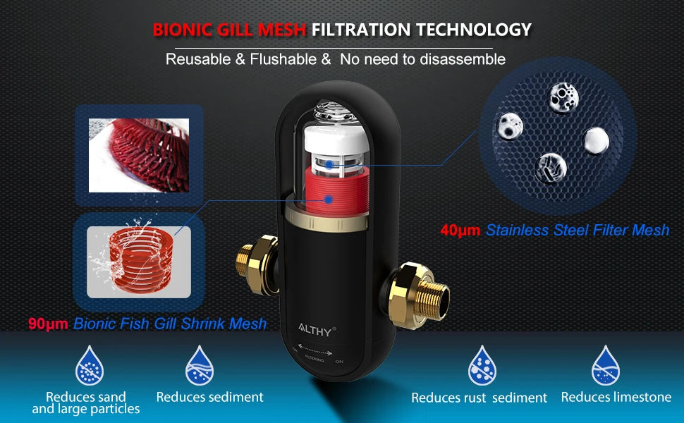 ALTHY PRE-U8 Bionic Gill + Stainless Steel Mesh Pre filter Whole House Spin Down Sediment Water Filter Purifier Backwash