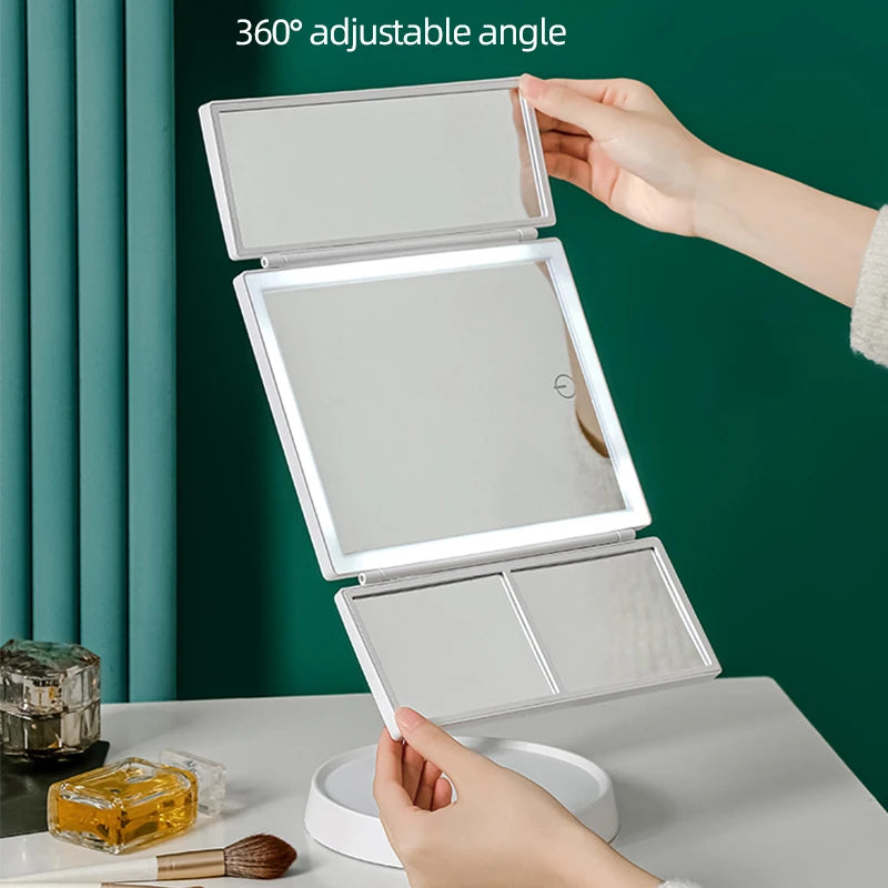 Foldable Makeup Mirror with LED Light 3 Tone Lights Desktop Vanity Mirror 2X/3X Magnifying 360° Adjustable Rechargeable