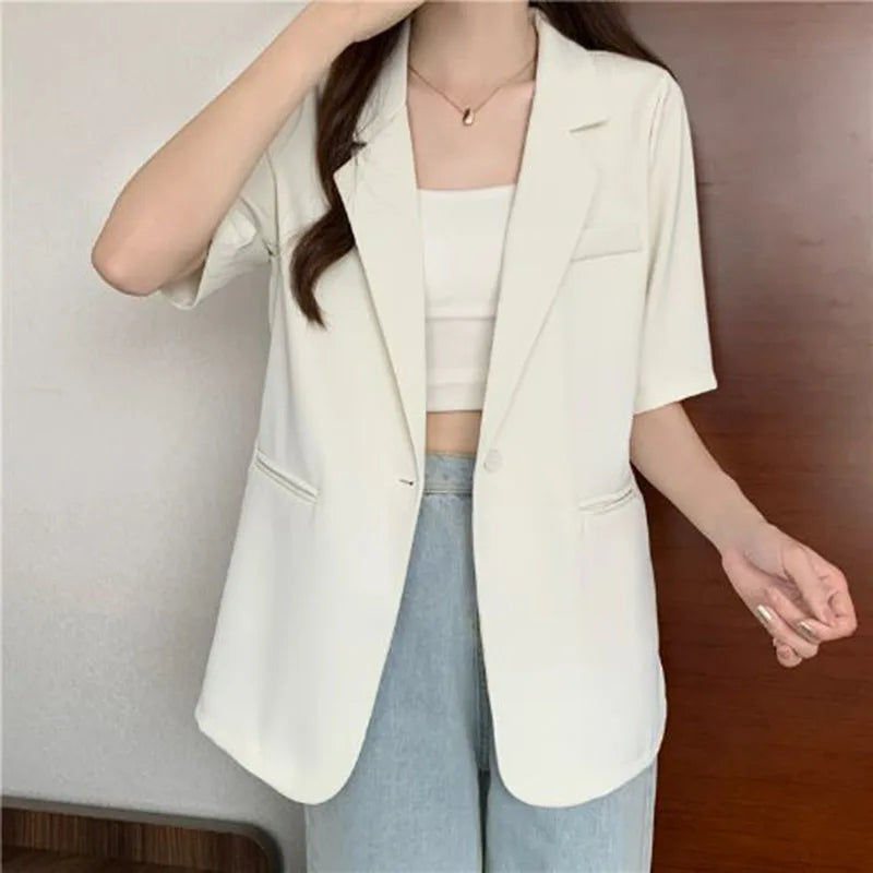 Thin Suit Jacket Women 2024 Summer Casual All Match Single Button Coat Woman Korean Style Loose Balck White Short Sleeve Jackets