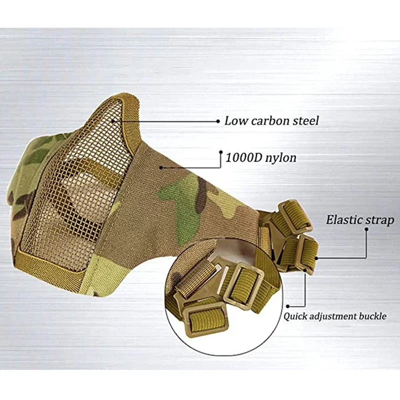 Tactical Airsoft Paintball Half Face Mask Camo Half Lower Face Metal Steel Net Mesh Mask Hunting Protective Mask