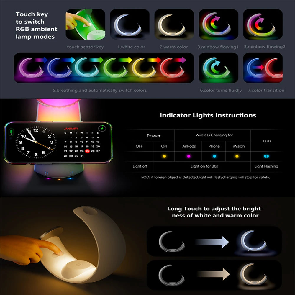 Wireless Charger MagSafe Air Pods Apple Watch Phone Holder RGB Moon For iPhone Samsung iWatch Night Light Bedroom Home Office