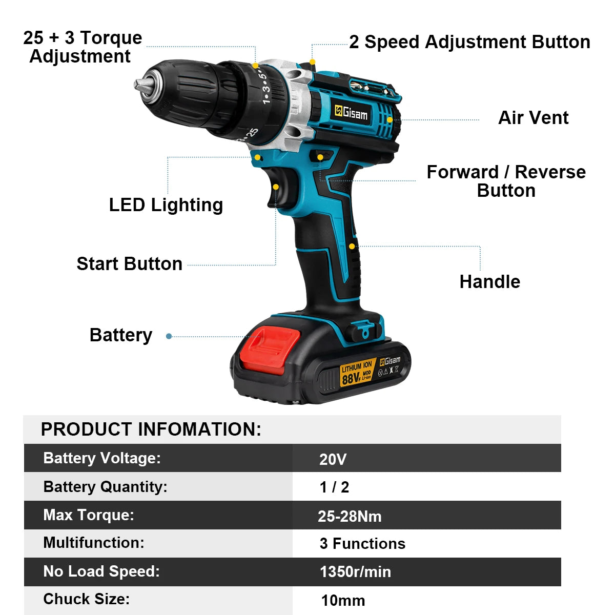 Gisam Cordless Drill Rechargeable Electric Screwdriver Electric Drill Mini Wireless Hand Drill Lithium-Ion Battery Power Tools