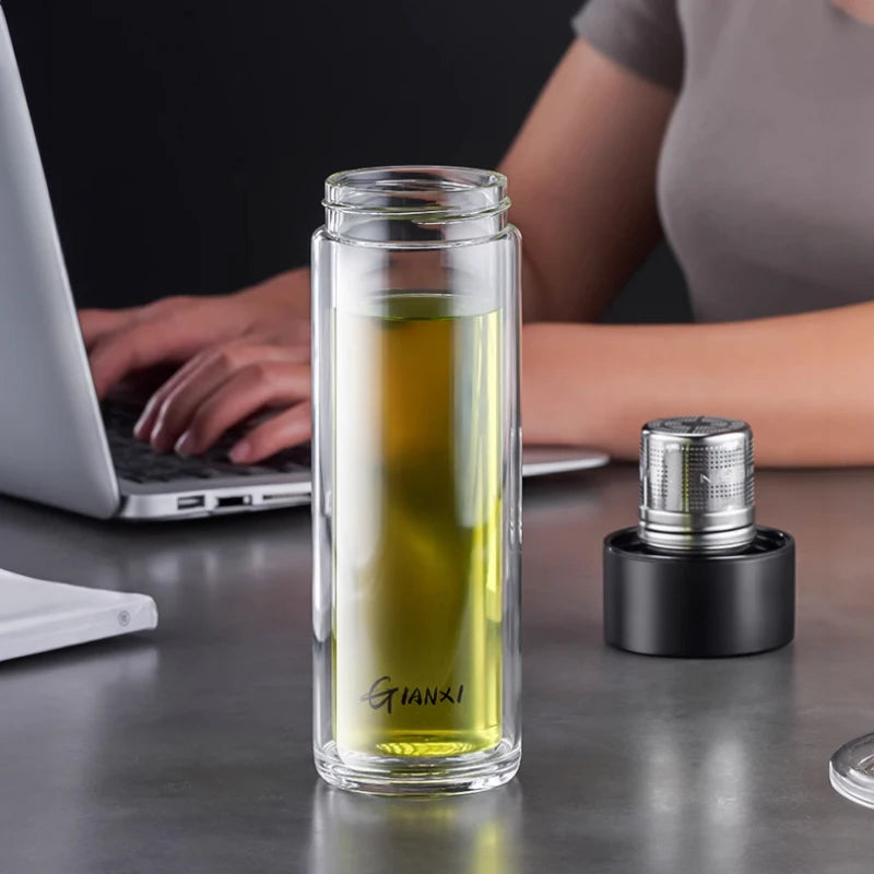 Glass Water Bottle With Tea Strainer and Magnetic Cup Lid Heat-Resistant Water Cup Portable Leak-Proof Office Household Tea Cup