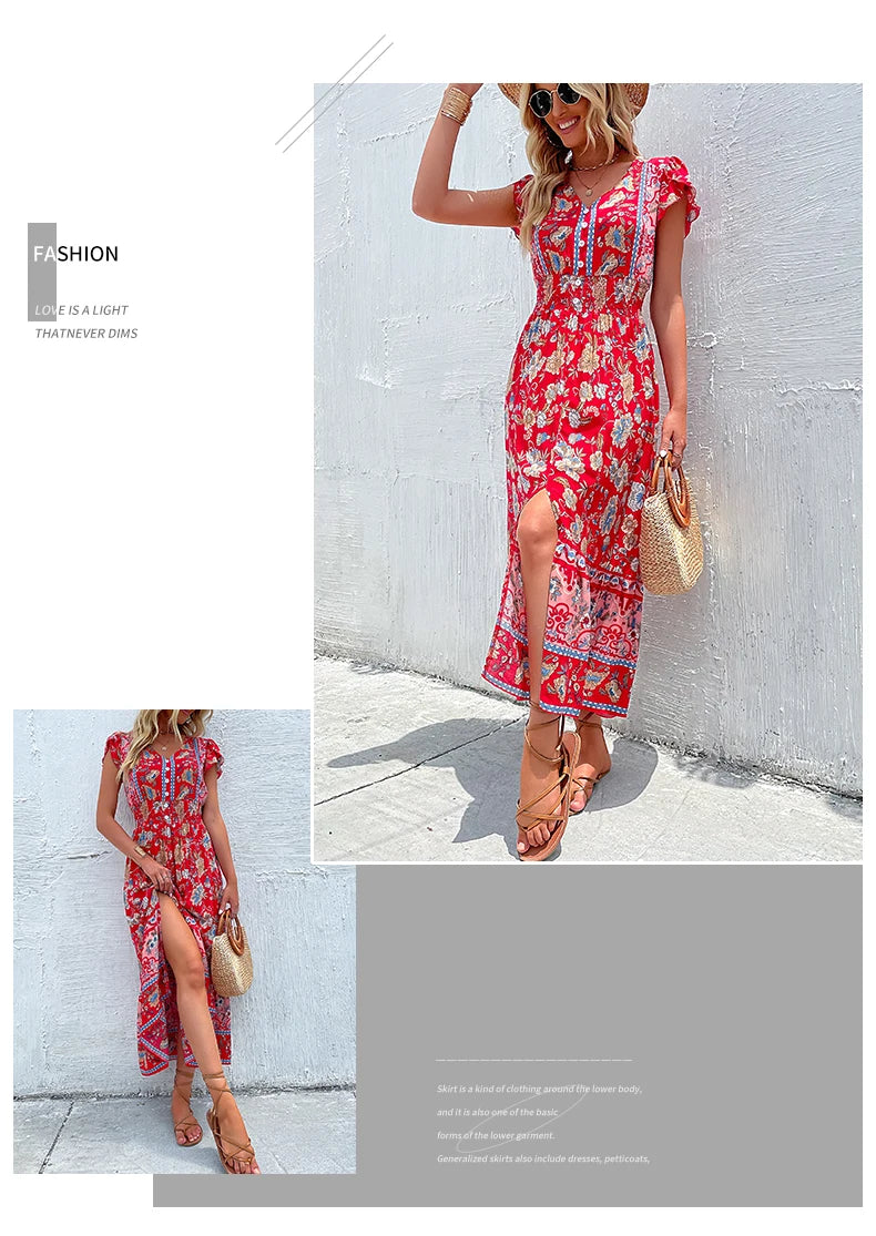 Vintage Floral Boho Printed Vestidos Women Short Sleeves V Neck Slit Midi Dresses A Line Bohemian Summer Beach Dress