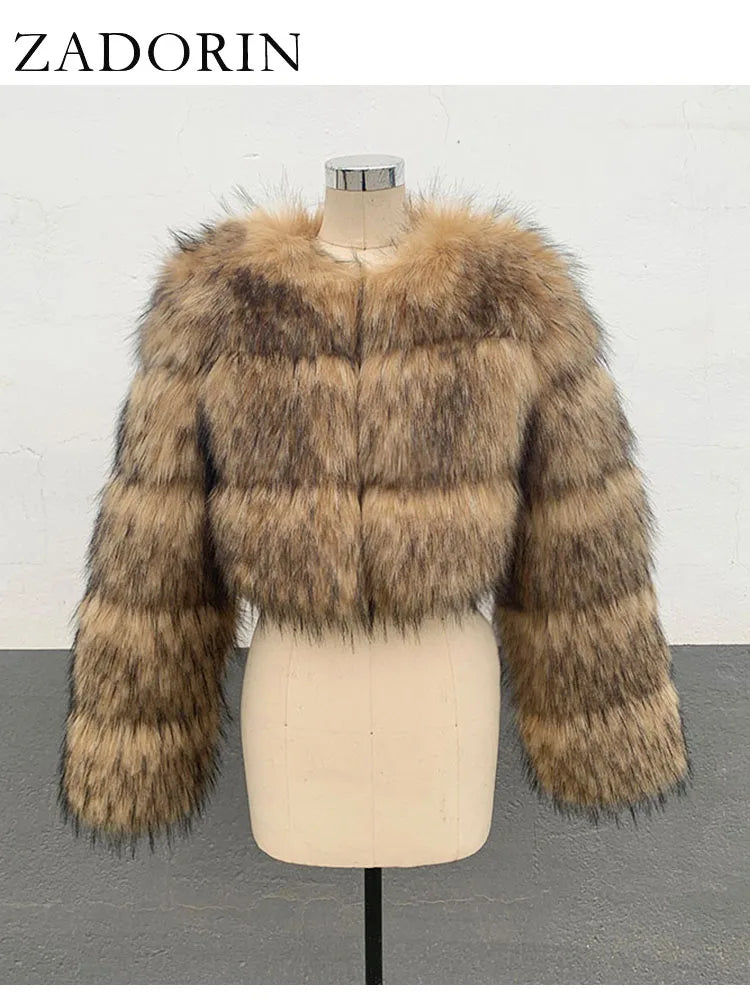 ZADORIN High Quality Cropped Faux Raccoon Fur Coat Women Winter Fashion O Neck Long Sleeve Fluffy Short Faux Fur Jacket Crop Top