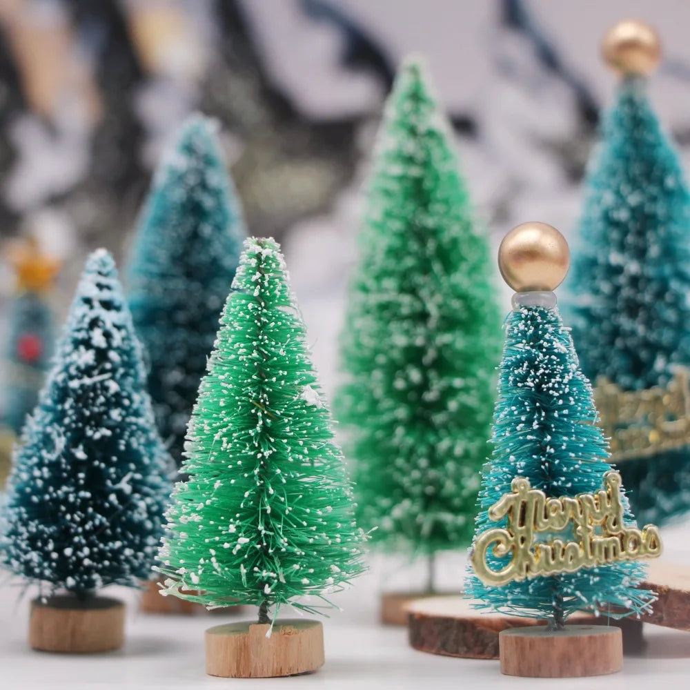 5Pcs 4.5cm to 13.5cm Mini Artificial Christmas Tree Sisal Silk Cedar Sisal Snow Trees Wooden Base Party Home Table Top Craft Dec