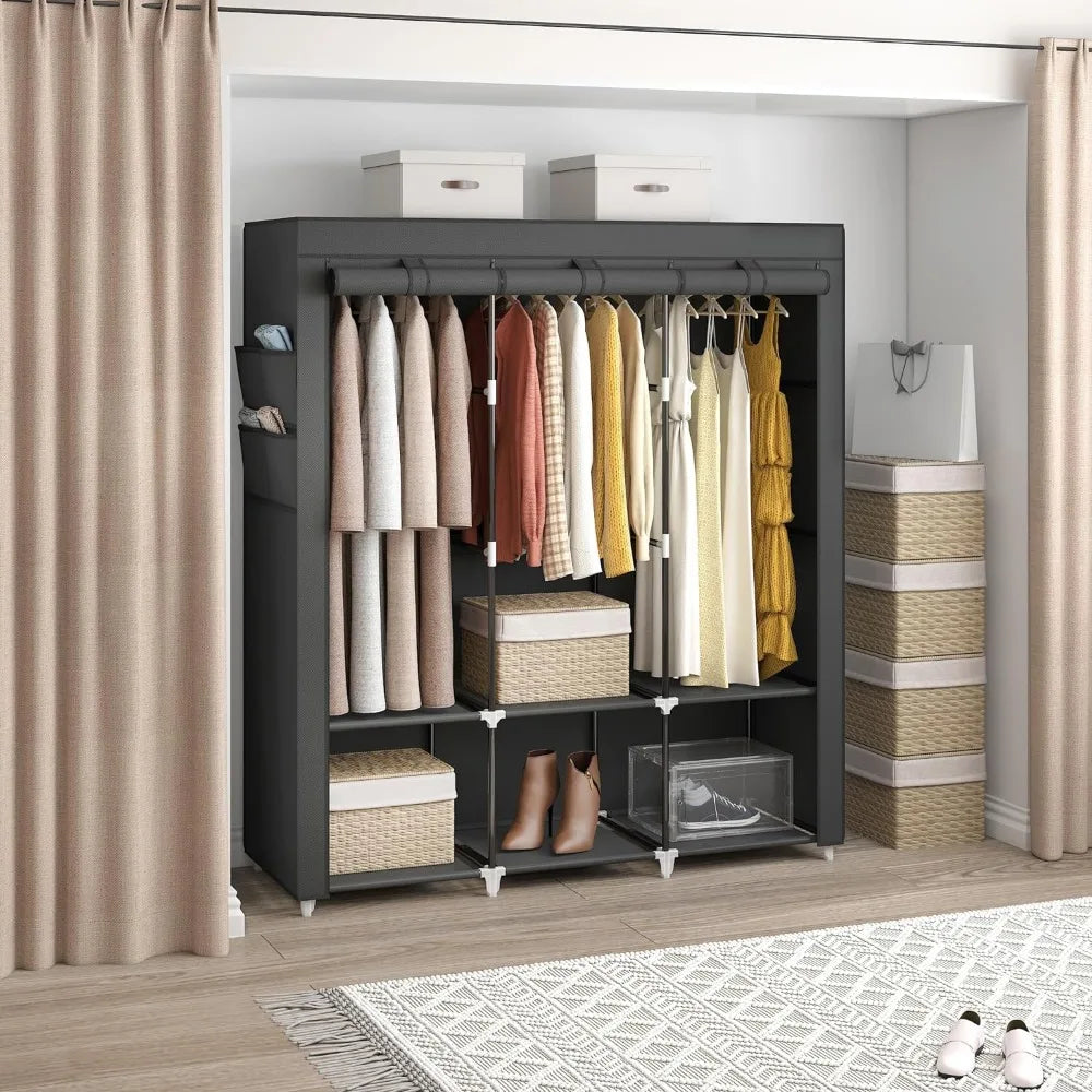 67 in Portable Closet Wardrobe for Hanging Clothes, Wardrobe Closet , 4 Hanging Rods and Side Pockets, 8 Storage Shelves