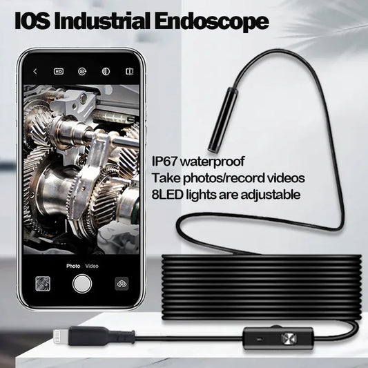 Endoscope Camera with Light for iPhone 720P HD Borescope with 8 LED 8mm IP67 Waterproof Industrial Inspection Camera for IOS