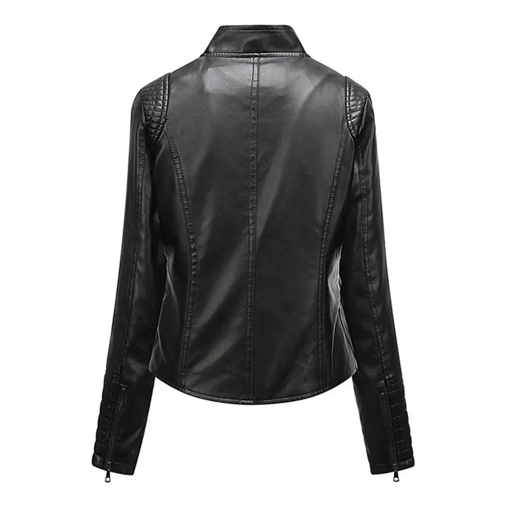 Women Leather Jacket Autumn Outwear Solid Color Slim Fit Faux Leather Jacket Stand Collar Long Sleeve Pockets Zipper Biker Coat