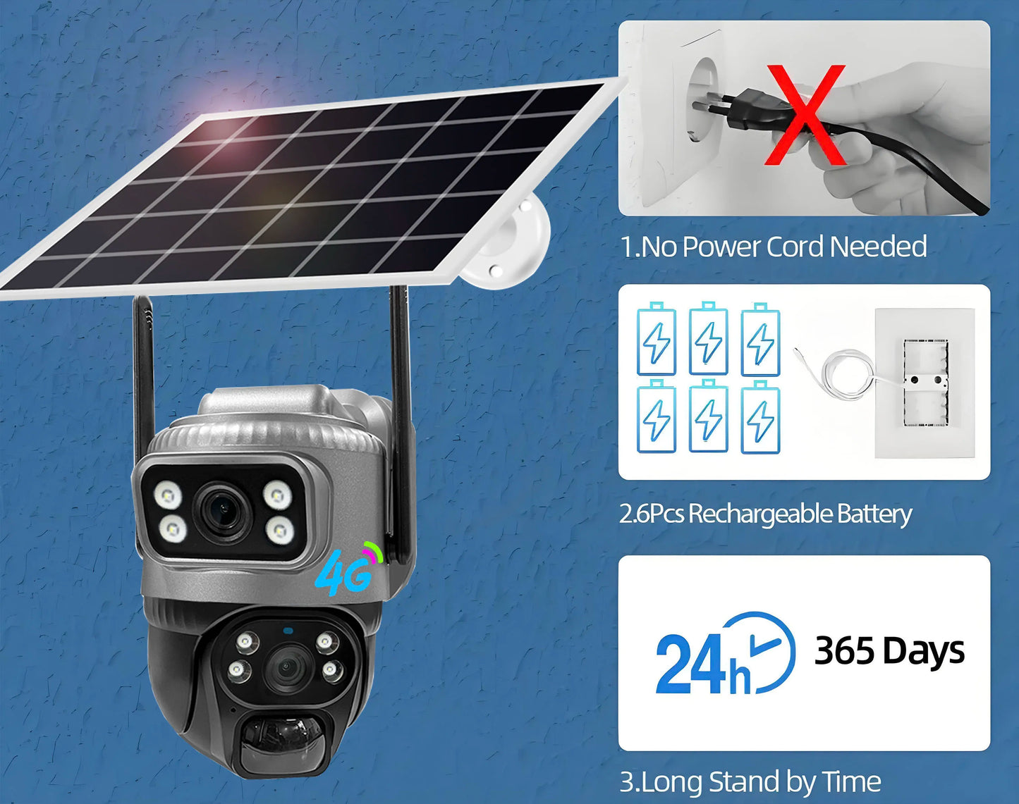 Solar Camera Outdoor Dual Lens 8MP 4G SIM IP 8000mAh Batteries Wireless Video Surveillance V380 Security Protection 360 CCTV