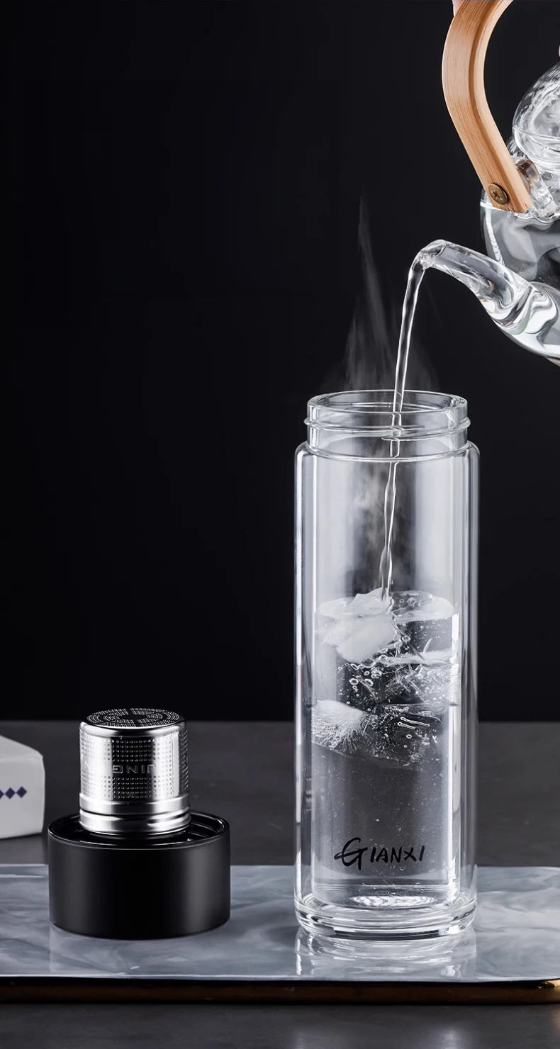 Glass Water Bottle With Tea Strainer and Magnetic Cup Lid Heat-Resistant Water Cup Portable Leak-Proof Office Household Tea Cup