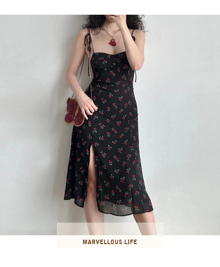 TVVOVVIN European and American Slim Fit Shoulder Lace Up Side Split Cherry Print Strap Dress Women's Sexy Holiday Dress 73Y2