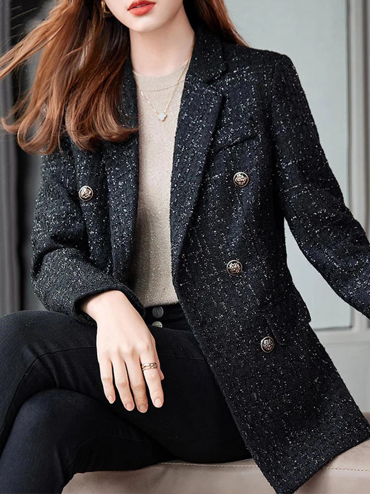 CJFHJE Navy Blue Winter Tweed Blazers Coat Women Thick Warm Long Sleeve Button Elegant Lady Jacket Coat Double-Breasted Overcoat