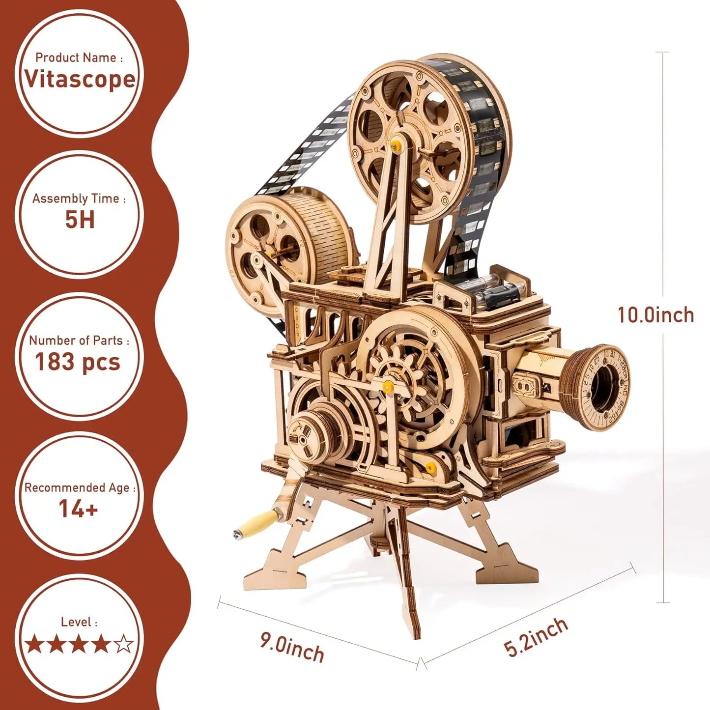 Robotime ROKR Hand Crank Projector Classic Film Vitascope 3D Wooden Puzzle Model Building Toys for Children Adult LK601