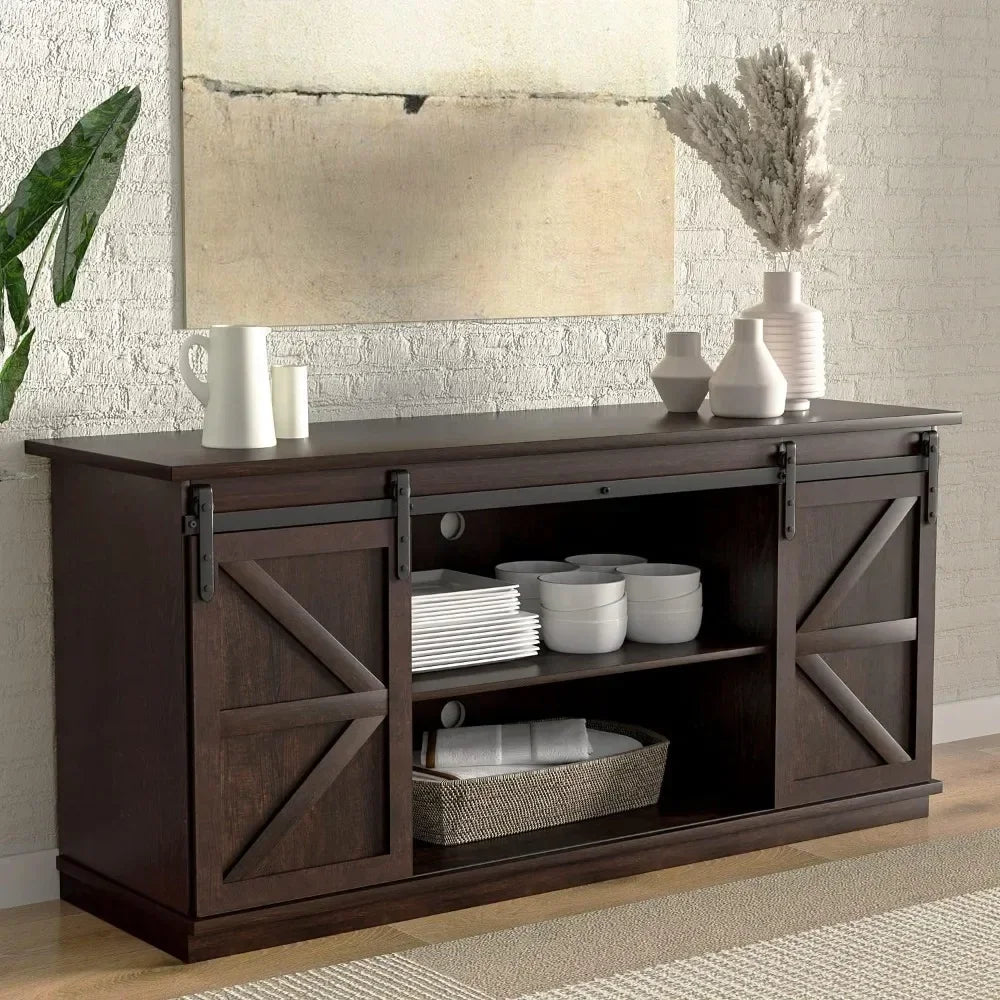 TV Stand for Televisions up to 65 Inchs, with Sliding Barn Doors and Storage Cabinets, Console Table and Media Furniture