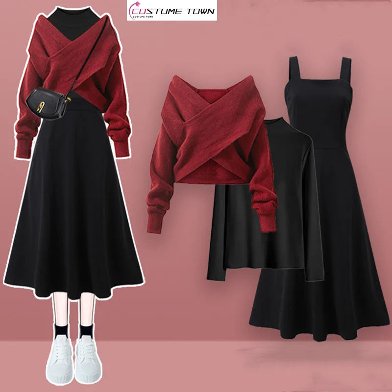 2024 Korean Autumn/Winter New Fashion Versatile Women's Set Cross Sweater+Inner Shirt+Dress Three Piece Set