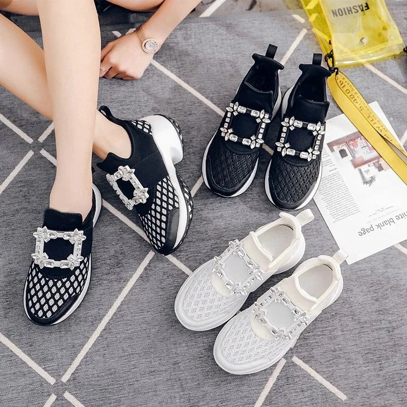 2024 Mesh Designer Trainers Sneakers Platform Crystal Buckle Thick Bottom Chunky Womens Sneakers Vulcanized Casual Shoes