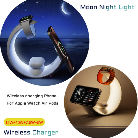 Wireless Charger MagSafe Air Pods Apple Watch Phone Holder RGB Moon For iPhone Samsung iWatch Night Light Bedroom Home Office