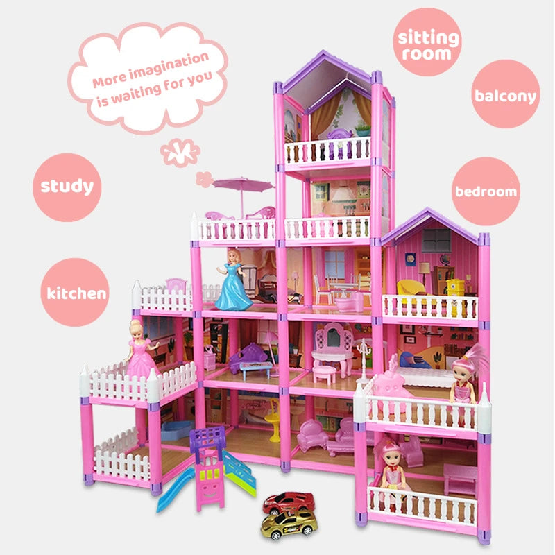 Princess Big Villa DIY Dollhouses Kit Pink Castle House Kit Assembled Doll House Toys Pretend Play Toys Christmas Birthday Gift