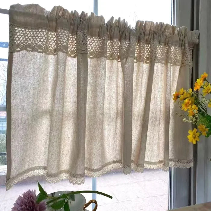 Half Curtain with Crochet Lace Short Curtains for Kitchen Window Curtain Cotton Linen Cafe Cabinet Cover Dust-proof Rustic