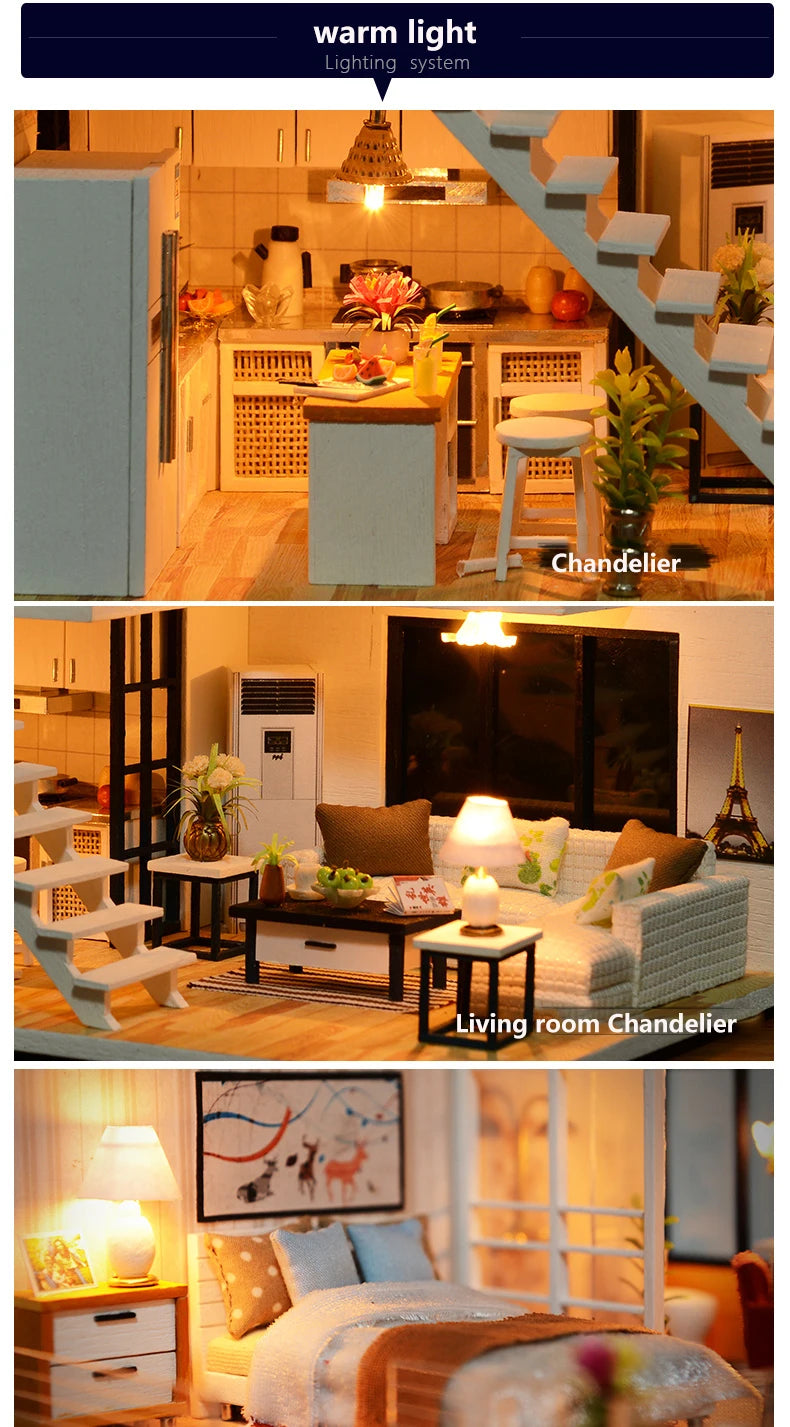 Assemble DIY Wooden House Dollhouse kit Wooden Miniature Doll Houses Miniature Dollhouse toys With Furniture LED Lights Gift