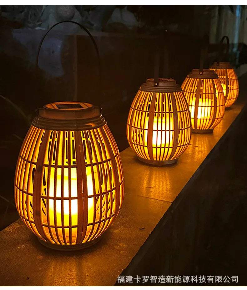 Outdoor Solar Imitation Rattan Lantern Courtyard Balcony Garden Decoration Candle Lights Creative Atmosphere Bamboo Chandelier